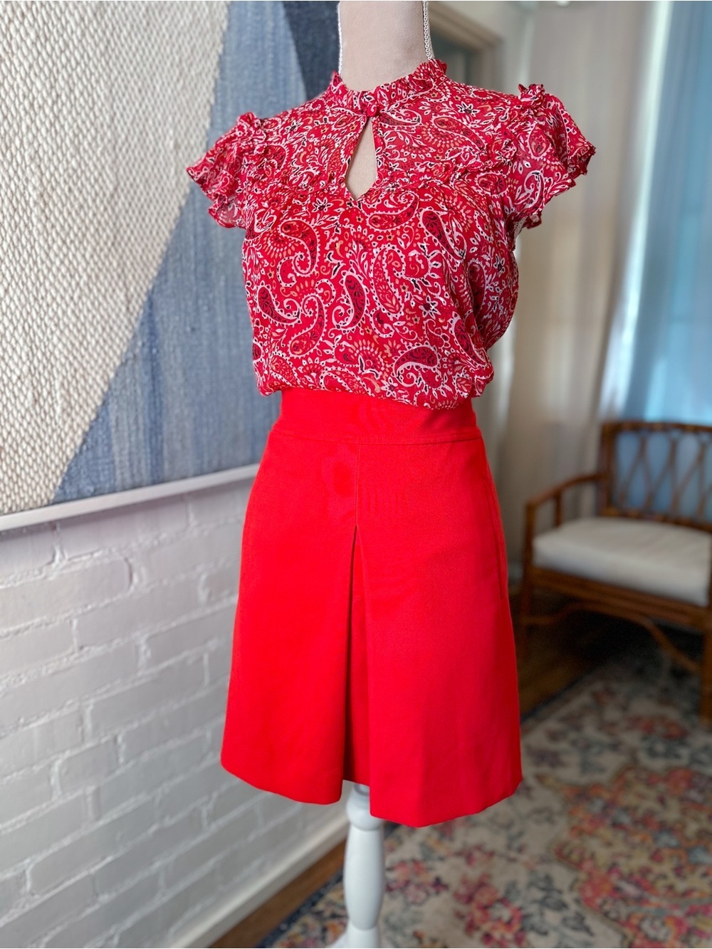 Loft Red Mini Skirt with Structured Pleats
